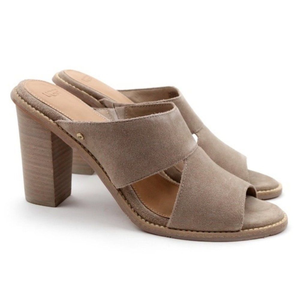 UGG Celia Grey Suede Cutout Slide Heels Sandals Heeled Open Toe Mules Sz 6.5